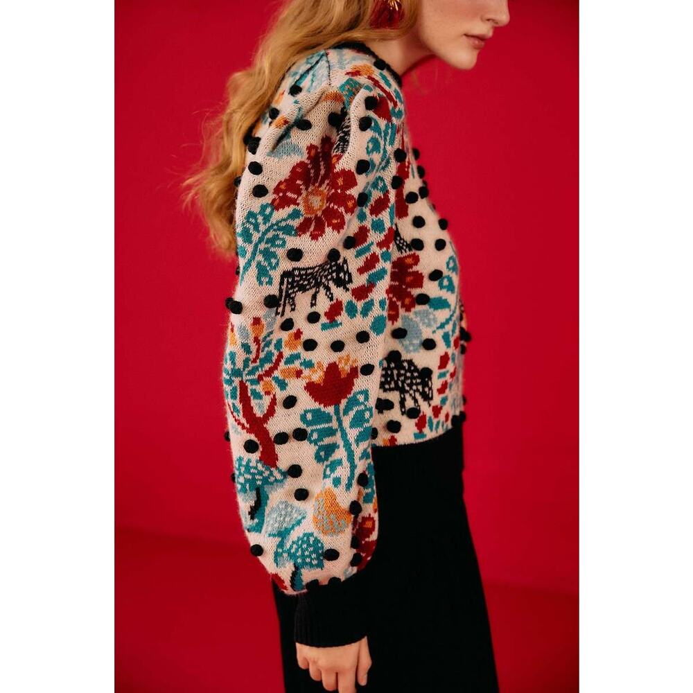 Farm Rio Mushroom Forest Puff Sleeve Knit Pullover Sweater Multi Womens Size XS - Picture 2 of 5